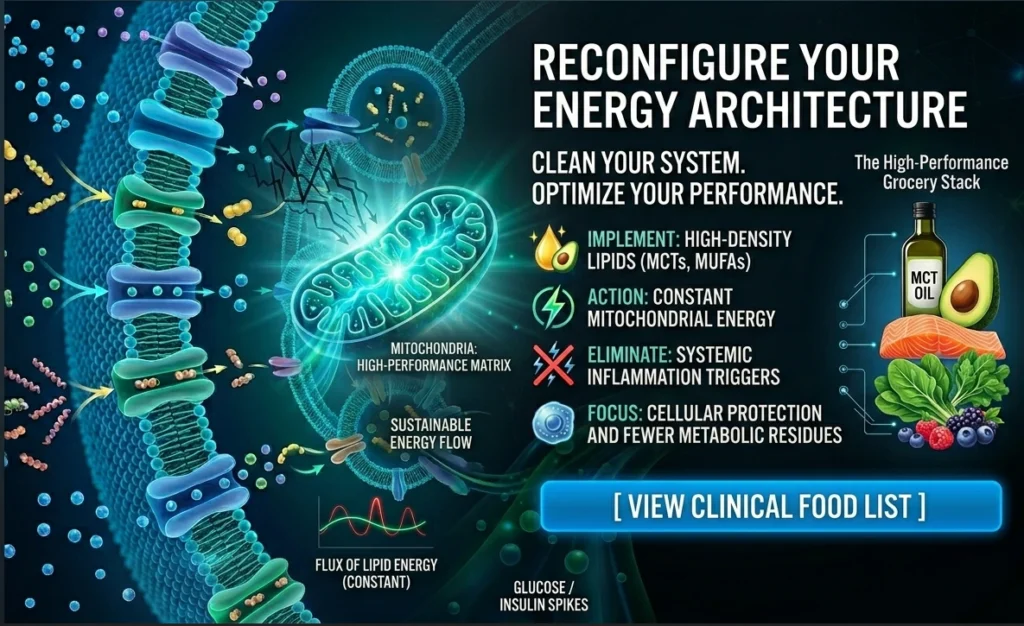 Hi-tech infographic detailing a high-performance food stack for clean mitochondrial energy, cellular protection, and stable lipid energy flow.
