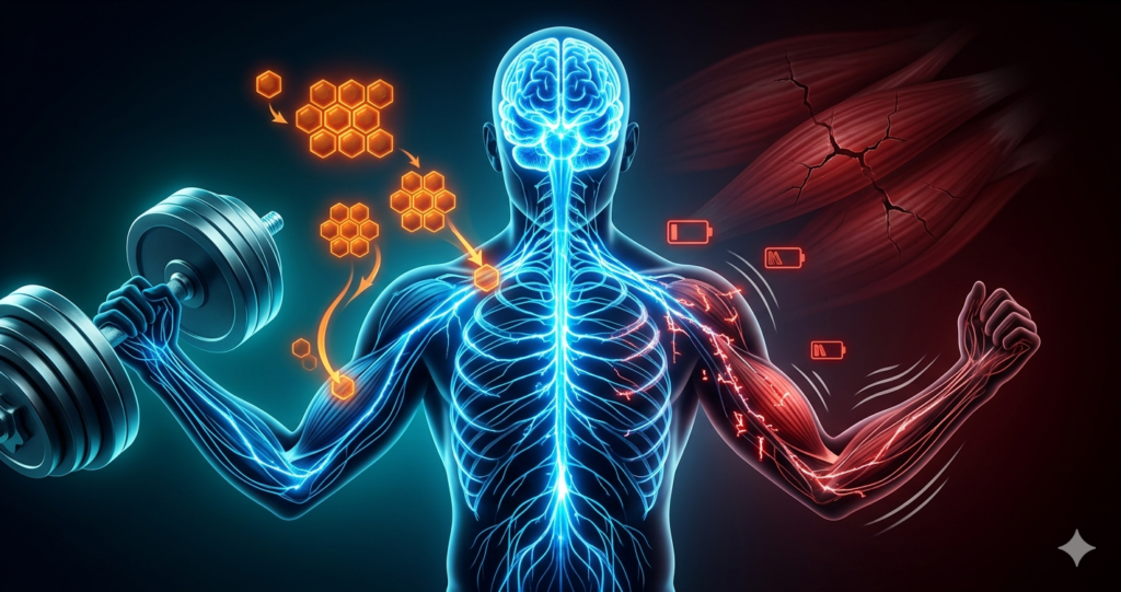 Cinematic infographic of the nervous system glowing blue, receiving energy from orange glycogen and fueling muscles under heavy load.