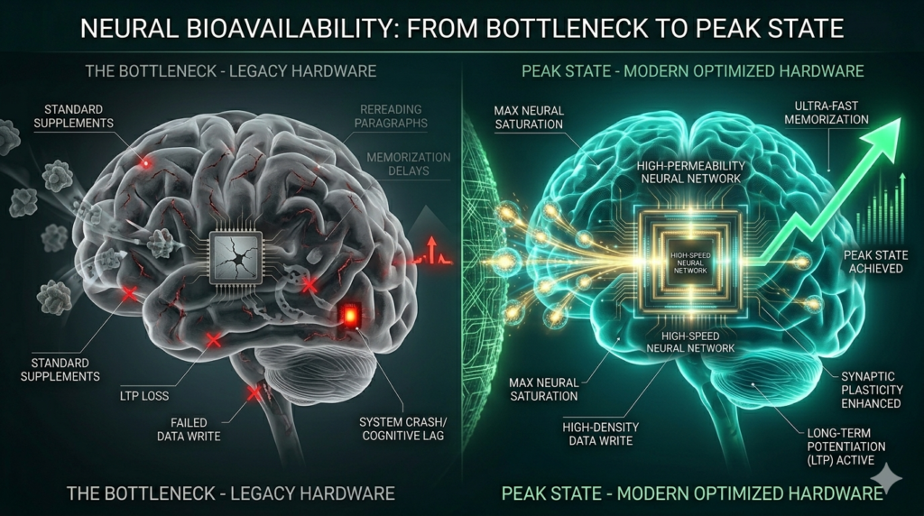 Comparative infographic between "legacy hardware" with memory flaws and an optimized brain with high neural permeability, processing data at high speed for maximum performance.