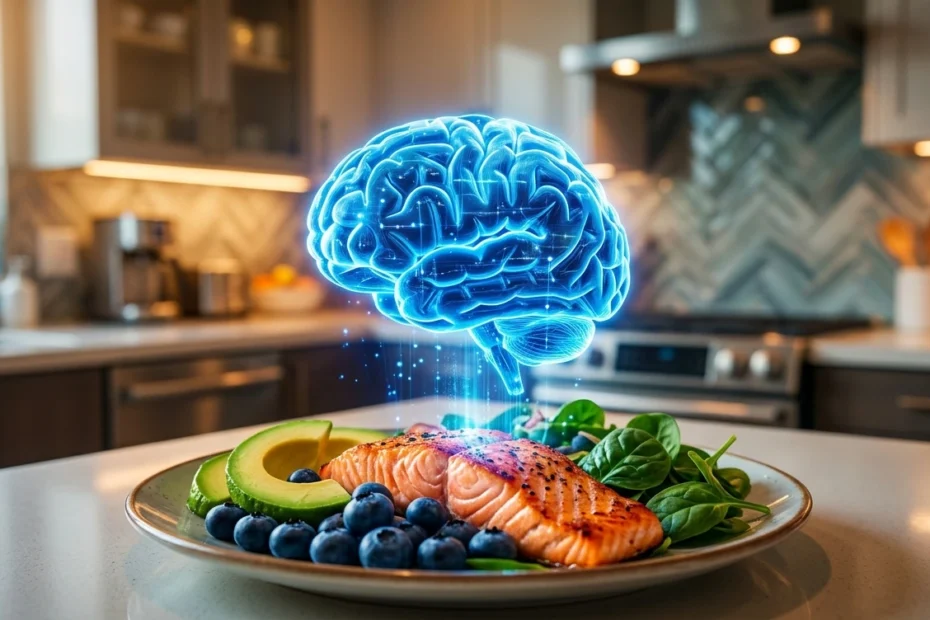 Hologram of a brain glowing in neon blue and gold above the hands of a professional in a dark environment. Concept of biohacking and neuroplasticity.