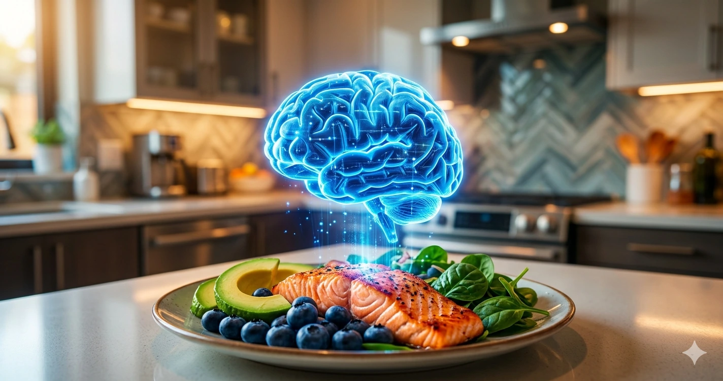 Hologram of a brain glowing in neon blue and gold above the hands of a professional in a dark environment. Concept of biohacking and neuroplasticity.