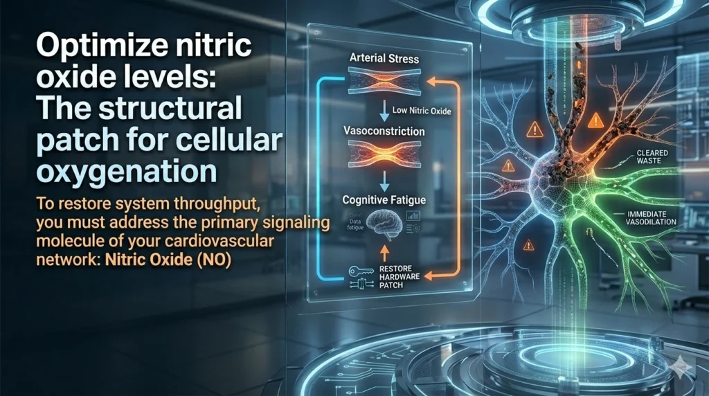 Futuristic digital interface displaying a biological "hardware patch" flow chart for nitric oxide optimization and vasodilation.
A glowing 3D vascular network illustrates the process of clearing metabolic waste to enhance cellular oxygenation and cognitive performance.