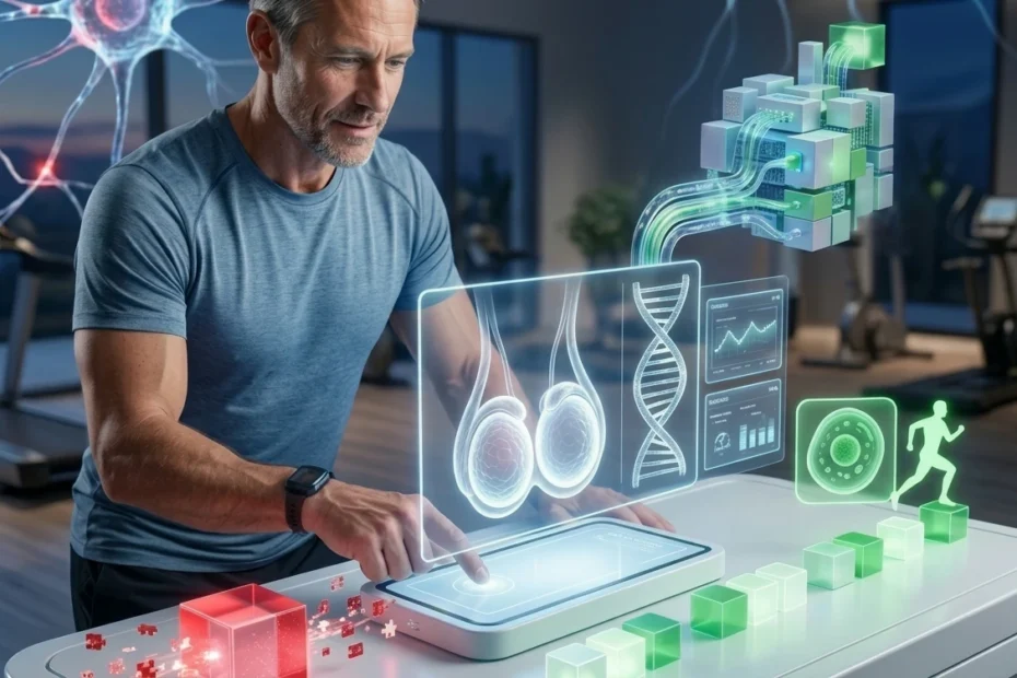 A man uses a futuristic interface to monitor and improve his health, with the text "Optimize Testosterone for Health and Vitality Today". It shows visual elements related to hormone optimization and well-being.