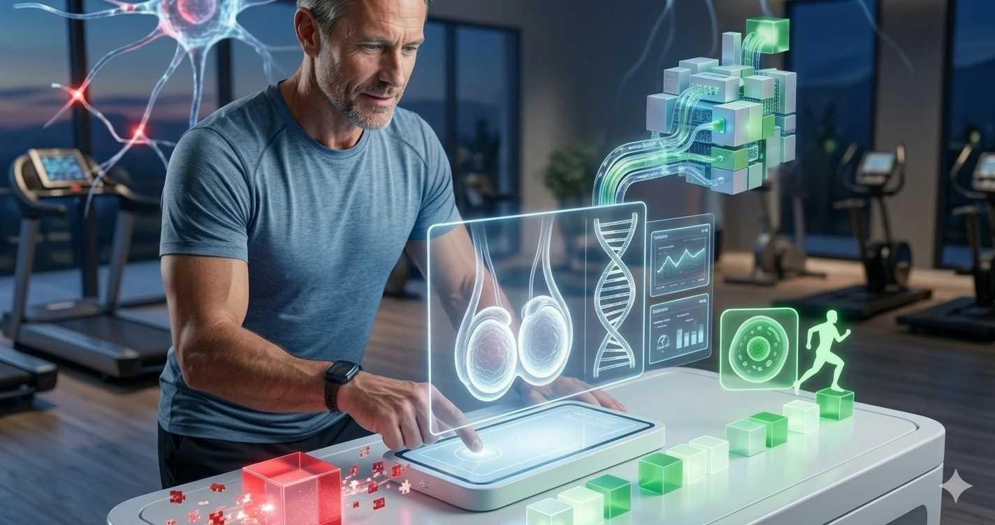 A man uses a futuristic interface to monitor and improve his health, with the text "Optimize Testosterone for Health and Vitality Today". It shows visual elements related to hormone optimization and well-being.