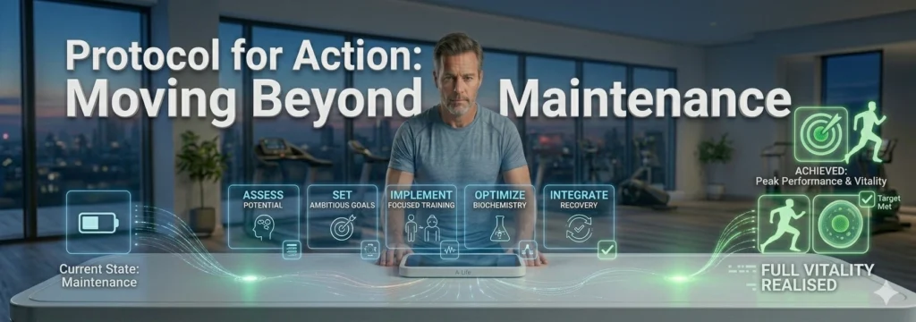 An informative image for a fitness brand displaying a protocol with six holographic steps on a sleek dashboard, featuring a man in a gym. The text reads 'Protocol for Action: Moving Beyond Maintenance.