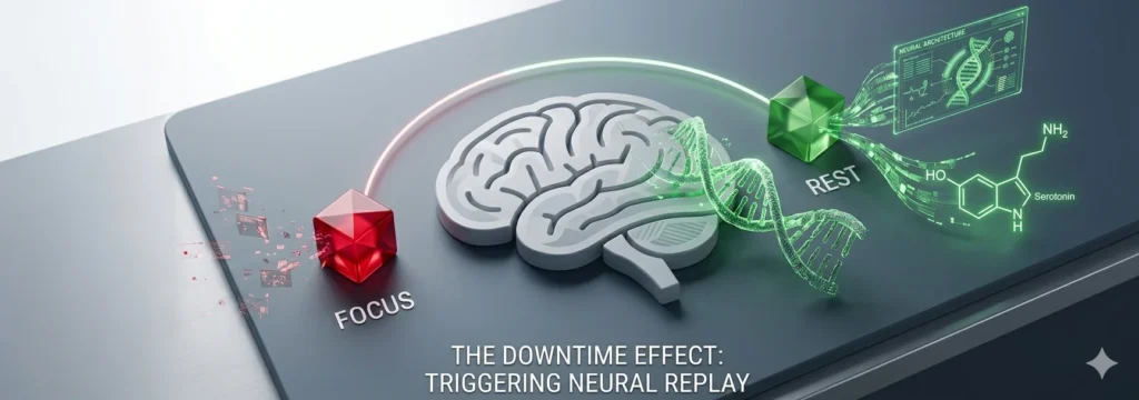 A 3D visual representation connecting 'Focus' (red cube) to 'Rest' (green cube) on a model of the human brain. The central text is 'THE DOWNTIME EFFECT: TRIGGERING NEURAL REPLAY'.