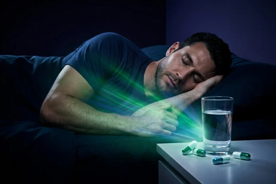 Muscle recovery. Man sleeping in a dark room with a glass of water and recovery supplement capsules on the nightstand under a glowing green light.
