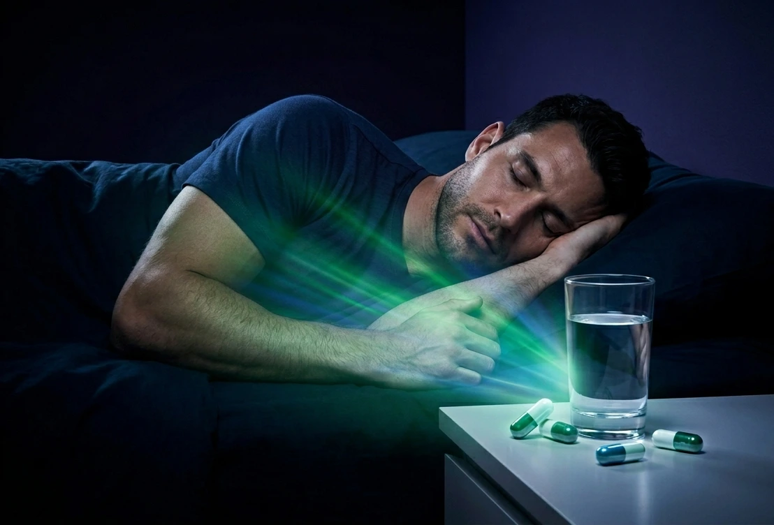 Muscle recovery. Man sleeping in a dark room with a glass of water and recovery supplement capsules on the nightstand under a glowing green light.