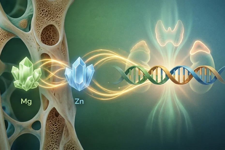 Scientific illustration showing two distinct mineral ions interacting at the cellular level to optimize hormonal balance. Clean biological background.