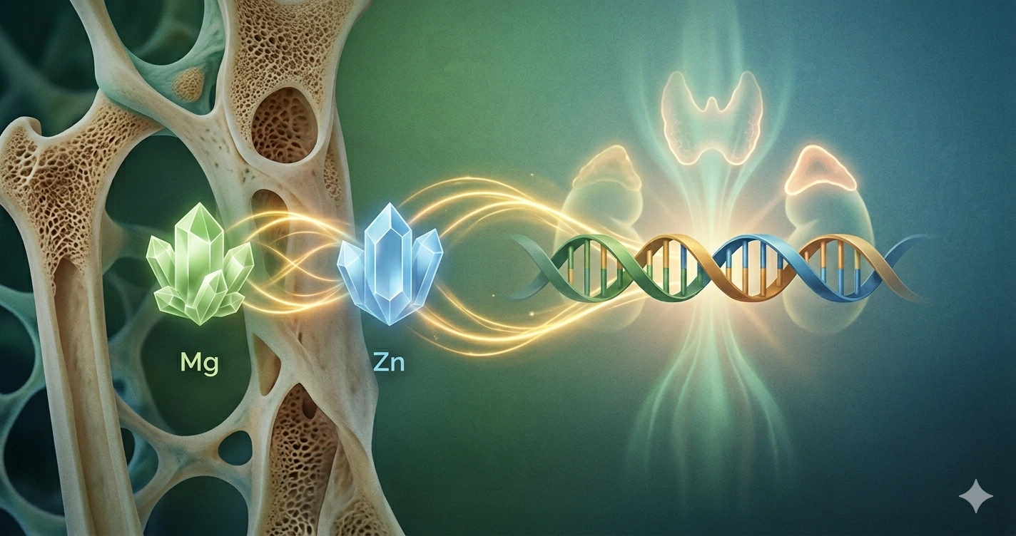 Scientific illustration showing two distinct mineral ions interacting at the cellular level to optimize hormonal balance. Clean biological background.