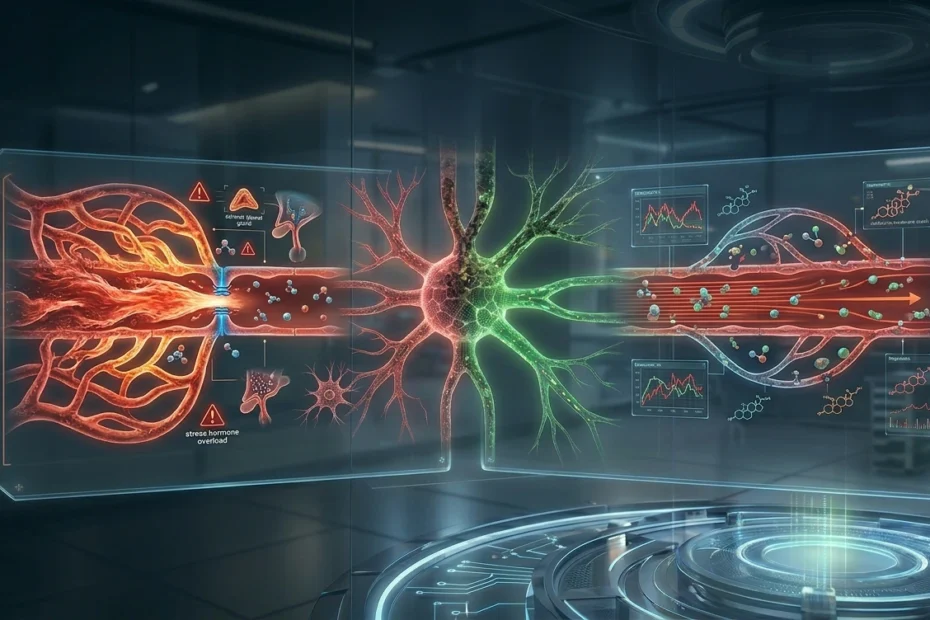 Interface digital futurista exibindo sobrecarga hormonal, glândulas sob estresse e gráficos de colapso sistêmico. A representação visual conecta redes neurais a um painel de diagnóstico que ilustra o "crash" biológico do burnout.