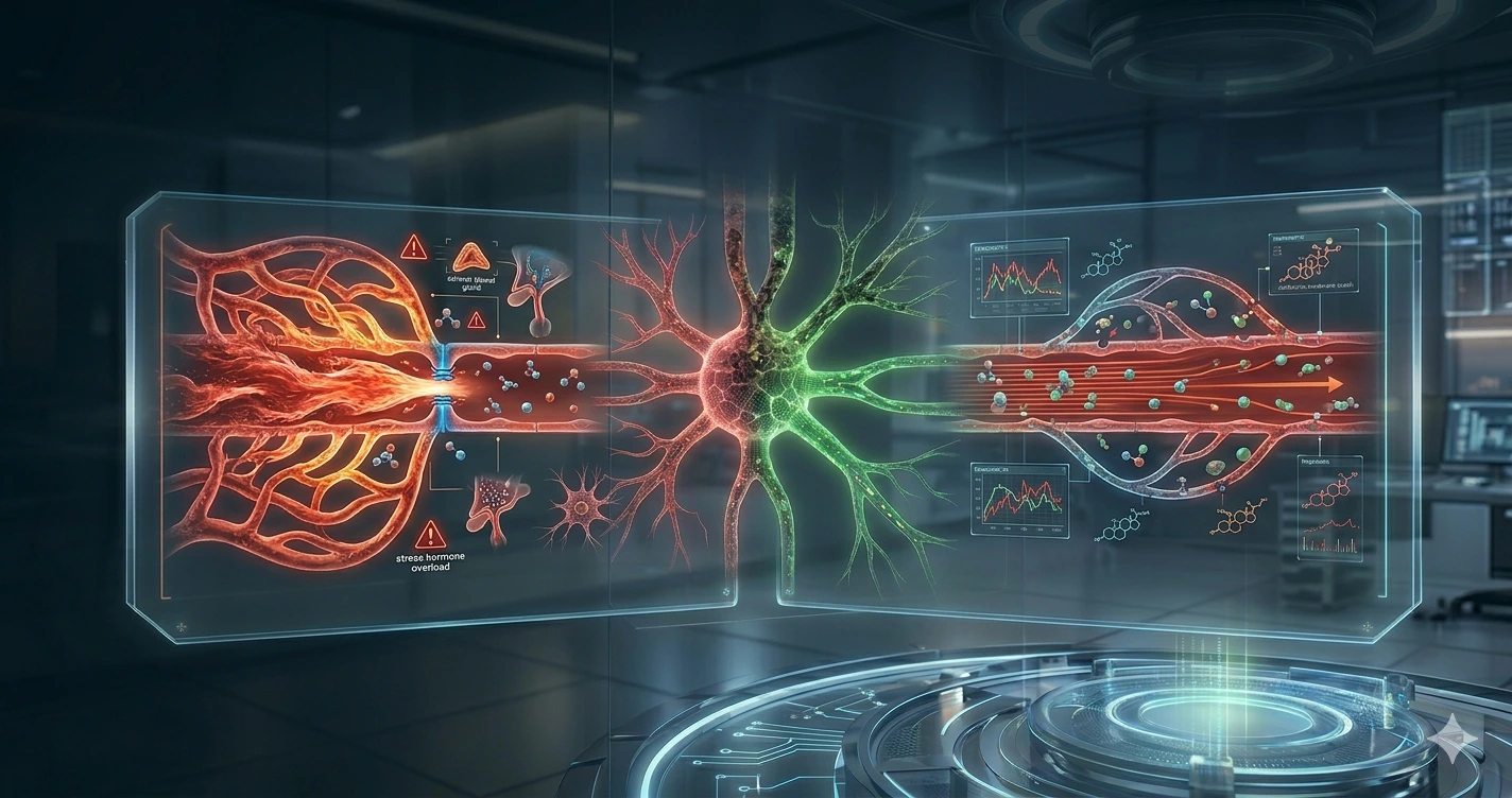 Interface digital futurista exibindo sobrecarga hormonal, glândulas sob estresse e gráficos de colapso sistêmico. A representação visual conecta redes neurais a um painel de diagnóstico que ilustra o "crash" biológico do burnout.