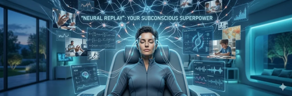 A human brain with beams of light representing neural networks and flowing information, symbolizing the power of the subconscious and the "Neural Replay" process for learning and memory.