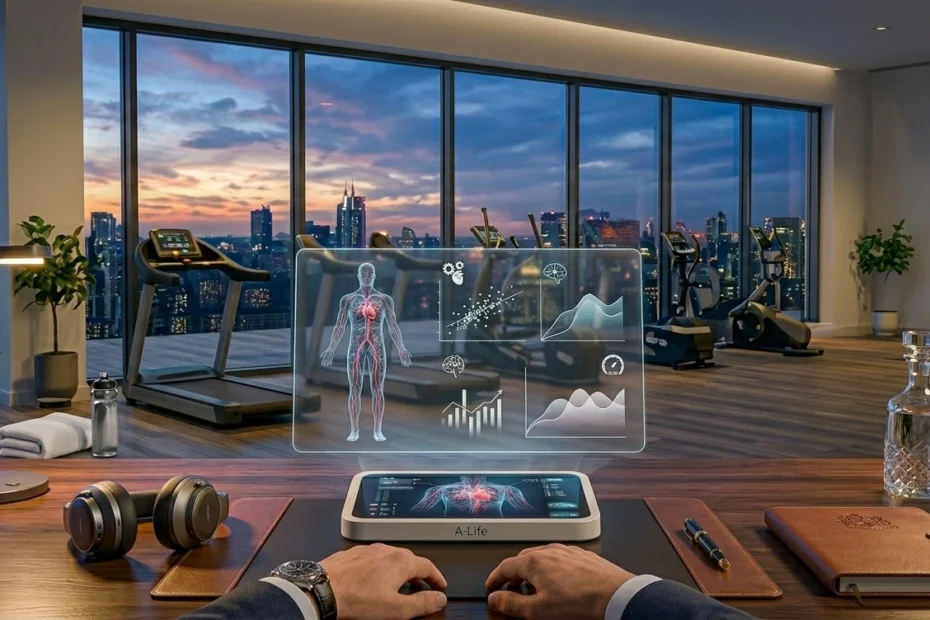 An informative image for a fitness brand displaying a protocol with six holographic steps on a sleek dashboard, featuring a man in a gym. The text reads 'Protocol for Action: Moving Beyond Maintenance.'