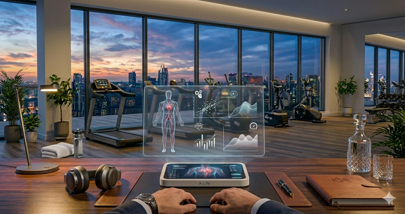 An informative image for a fitness brand displaying a protocol with six holographic steps on a sleek dashboard, featuring a man in a gym. The text reads 'Protocol for Action: Moving Beyond Maintenance.'