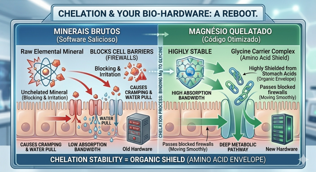 This is a graphical representation of how chelation stability is the chemical process of enclosing an elemental magnesium atom within an organic amino acid structure. By binding the mineral to glycine, the molecule becomes incredibly stable and highly protected from aggressive stomach acids.
