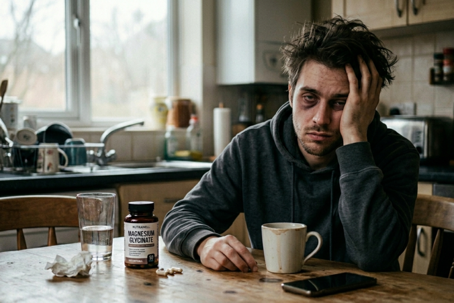 Tired man in a realistic kitchen, with dark circles under his eyes looking like a zombie, holding his head next to a jar of Magnesium Glycinate and a cup. magnesium-glycinate-zombie-effect