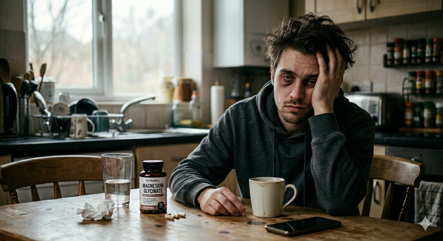 Tired man in a realistic kitchen, with dark circles under his eyes looking like a zombie, holding his head next to a jar of Magnesium Glycinate and a cup. magnesium-glycinate-zombie-effect